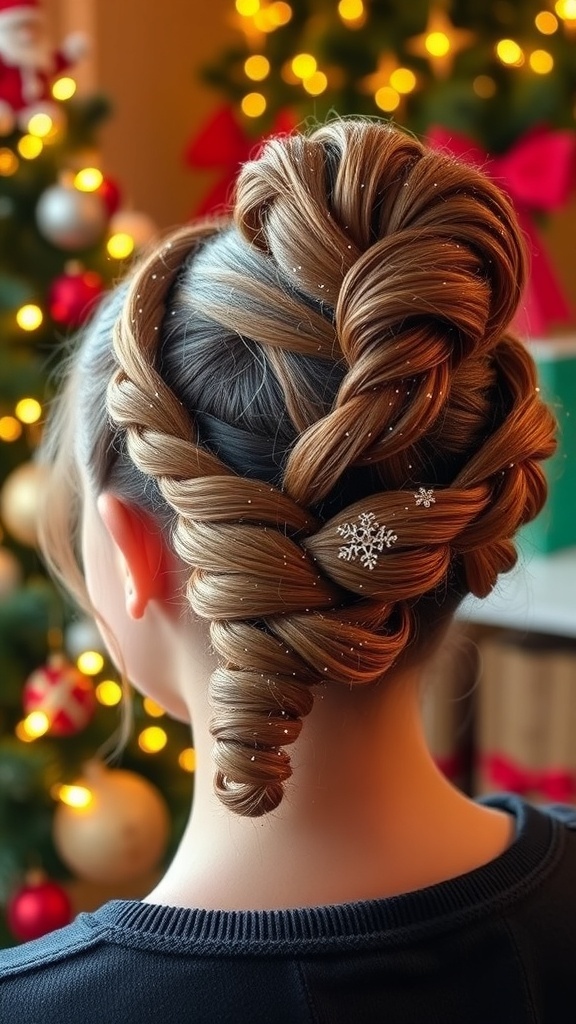 A braided updo hairstyle decorated with glitter in a festive holiday setting.